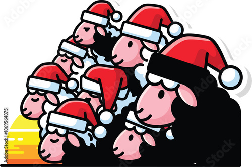 A group of cartoon pigs wearing Santa hats