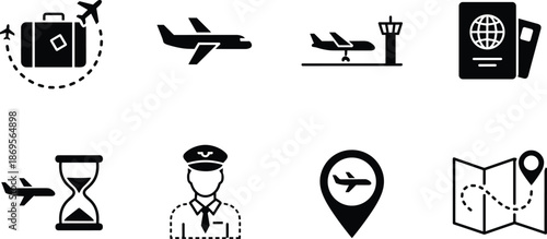 Set of black travel and aviation icons featuring airplane suitcase passport pilot airport tower map and flight schedule symbols.