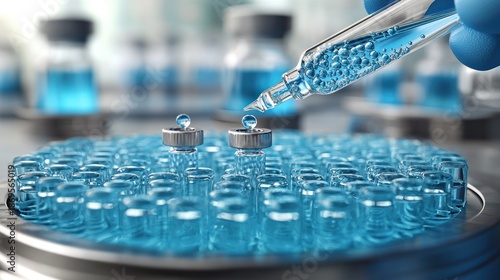 Close-up of a gloved hand holding a pipette, dispensing a blue liquid into vials