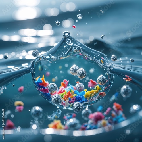 Tiny nanobots trapping microplastics inside a macro seawater drop, 8K detail.