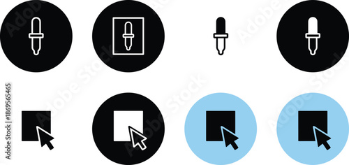 Set of minimalist eyedropper and cursor selection icons in black and blue circles for digital design and tools.