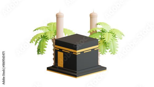 3D Isometric Kaaba Makkah with Palm Trees