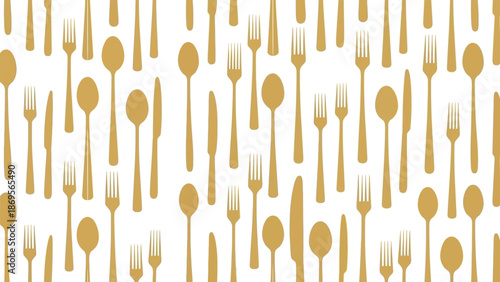 Gold Cutlery Pattern Theme: Seamless Forks And Spoons Decor For Dining And Kitchen