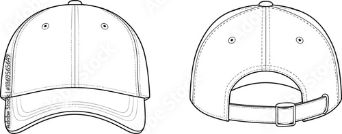 Front and back view line art illustration of a classic baseball cap mockup for apparel design and branding.