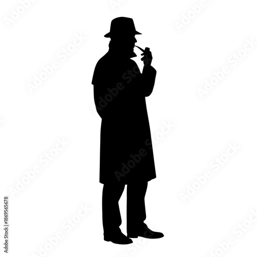 Silhouette of a detective smoking a pipe, wearing a hat and coat.