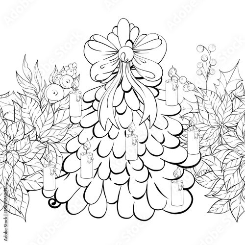 Arrangement With Festive Elements and Decorative Bow Seamless Pattern Background Border Featuring Candles and Lush Foliage in a Holiday Themed Design Showcasing Creativity and Celebration