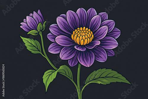 detailed digital art, beautiful purple flower with vibrant yellow center, intricate petals, lush green leaves, rendered in highly realistic style, photographic quality, dark moody background
