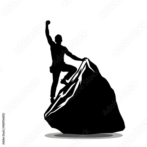 Silhouette of a man climbing a rock with fist raised.