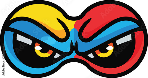 A colorful illustration of a mask with blue, yellow, and red sections
