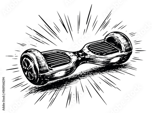 Hand drawn line art illustration of a hoverboard depicting rapid movement for urban lifestyle