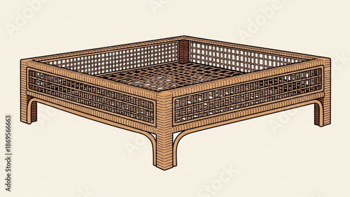 A wooden cage with an open mesh design stands on four curved legs, viewed from an isometric perspective.