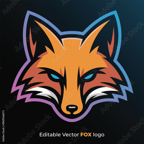 Vibrant orange fox head mascot logo with glowing blue eyes