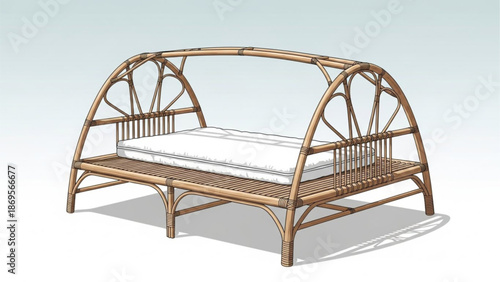 A serene outdoor daybed made of natural rattan, featuring a simple mattress, set against a soft gradient background from a slightly elevated viewpoint.