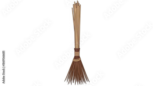 A traditional broom leaning against a plain white background