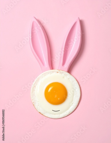 A playful Easter themed creative composition featuring a fried egg as the face of a bunny, with pink bunny ears on a pastel pink background, capturing a whimsical and festive atmosphere.