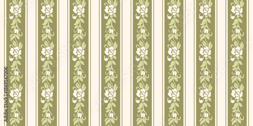 Vintage olive green seamless pattern with floral stripes, botanical vertical ornament, cottagecore aesthetic wallpaper