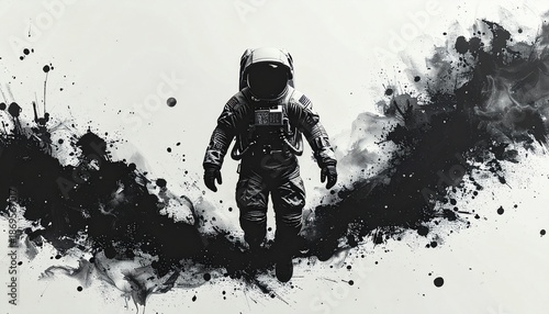 A brush-drawn ink painting of an astronaut in motion　筆で描いた躍動する宇宙飛行士の墨絵