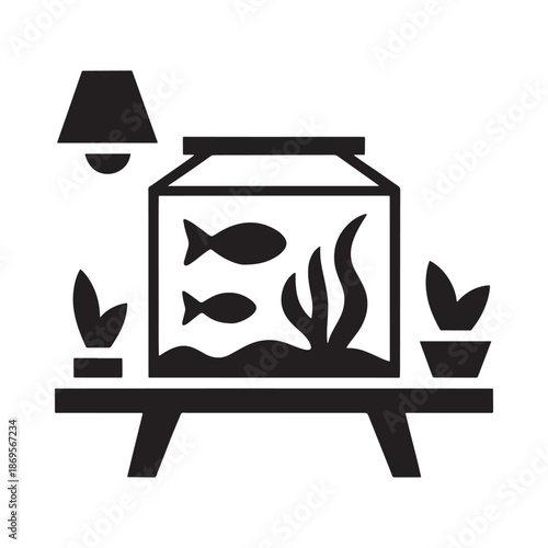 A simple black and white illustration of an aquarium setup with plants