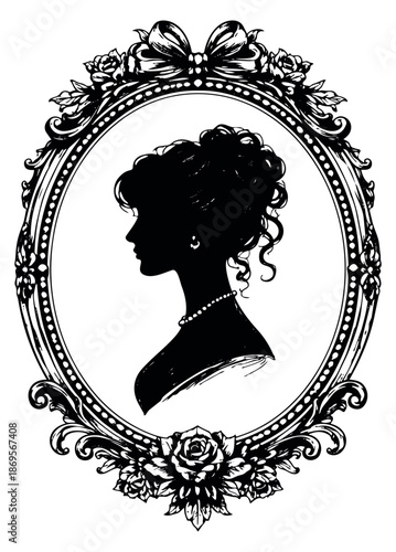 Elegant hand drawn illustration of a woman's silhouette depicting a profile portrait framed by an ornate border for vintage designs