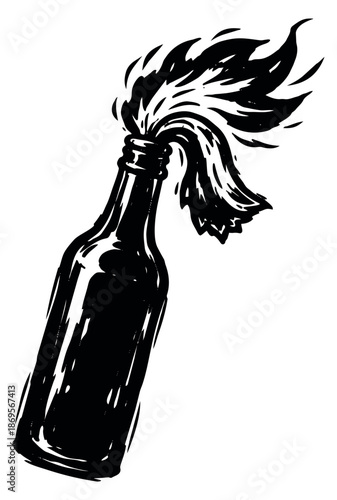 Hand drawn illustration of a molotov cocktail depicting burning flames for protest