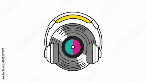 Retro Vinyl Record With Headphones Music Icon.