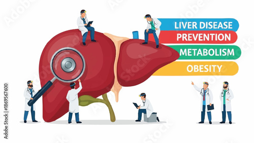 Doctors examining a human liver with magnifying glass and medical charts.