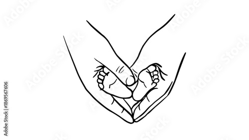 Vector illustration Minimalist Line Drawing of Adult Hand Holding Child Small foot