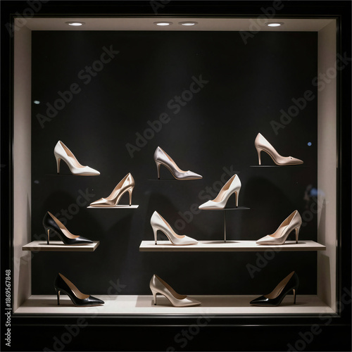 Elegant High Heels Displayed in a Chic Boutique Window, Urban Setting, Photo, Nighttime Ambiance, Captivating Perspective
