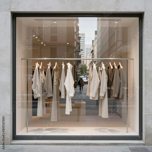 Urban Fashion Display, Clothing, City Street, Photography, Modern Environment, Exterior View, Minimalist Concept