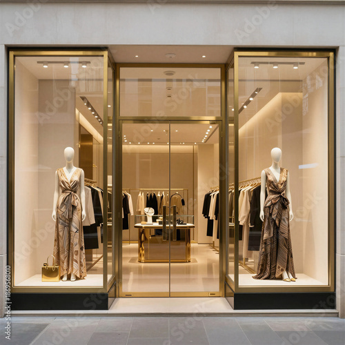 Elegant Fashion Boutique Window Display, Urban Location, Retail Environment, Showcase of Clothing Collection