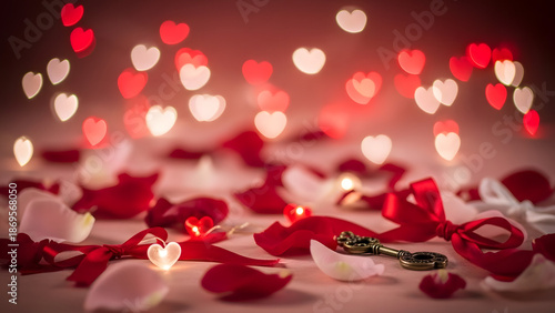Romantic Valentine Day wallpaper featuring red candles and rose petals in a heart shape for a festive holiday celebration and wedding greeting card design