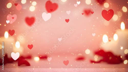 A bright red Christmas background featuring romantic pink bokeh lights and heart decorations creates a festive holiday wallpaper design perfect for a magic Valentine celebration card or vector art ill