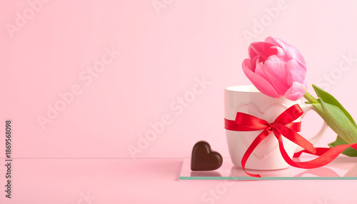 Valentines Day Romantic Pink Tulip In White Mug Tied With Red Ribbon Gift.