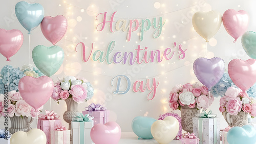 A sweet birthday celebration design featuring a pink floral cake with candles, a happy birthday gift card with balloons, and rose heart decorations for a lovely holiday dessert