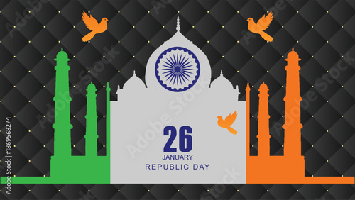 A graphic illustration celebrating India's Republic Day on January 26, featuring the Taj Mahal silhouette, minarets in national flag colors, and doves against a dark textured background.