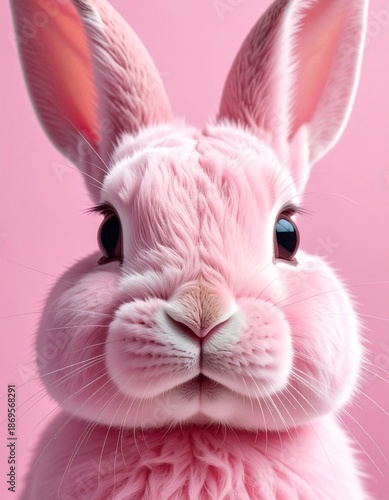 Close-up of a cute pink bunny face with fluffy fur, large expressive eyes, and soft features. A creative Easter concept with a pastel pink background, perfect for seasonal decorations and designs.