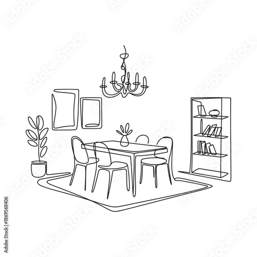 Simple line drawing of a dining room with furniture and decor