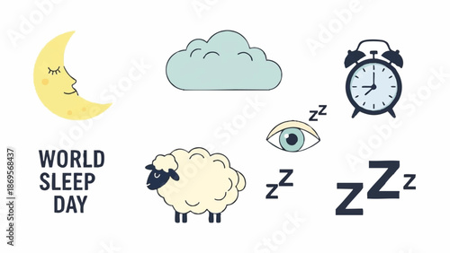 World Sleep Day Symbols and Icons for Rest and Relaxation.