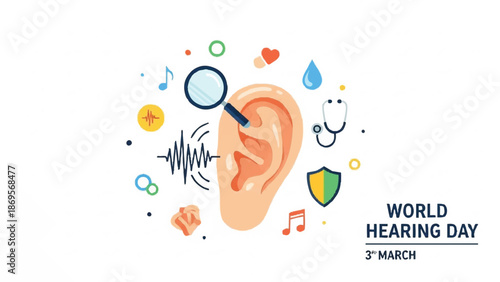 World Hearing Day illustration with ear and medical icons.