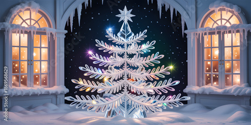 Glowing White Christmas Tree Illustration with Star Topper between Snowy at Night
