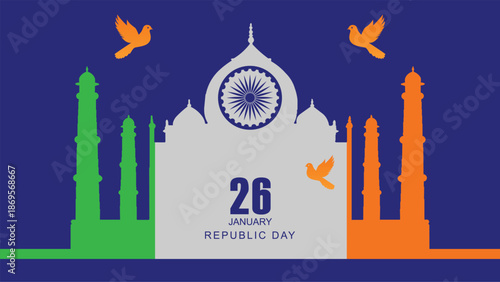 Stylized illustration of Taj Mahal with Ashoka Chakra and minarets in Indian flag colors for Republic Day celebration.