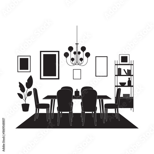 A minimalist black and white illustration of a dining room interior setup