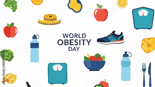 World Obesity Day awareness with healthy lifestyle symbols.