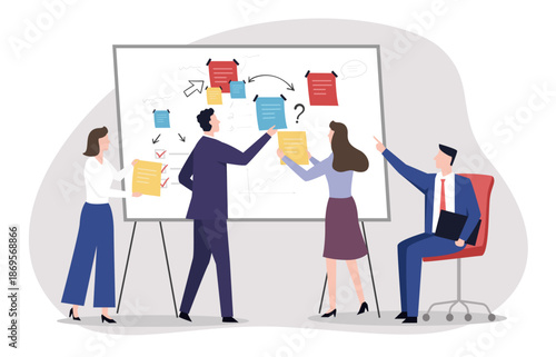 A group of professionals collaborate around a whiteboard, organizing documents to map out tasks or a project. Project planning, and collaborative problem solving.