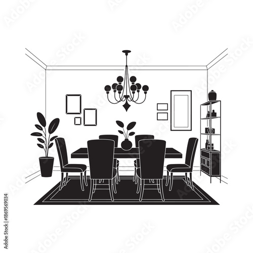 Elegant dining room interior with black furniture and minimalist wall decor