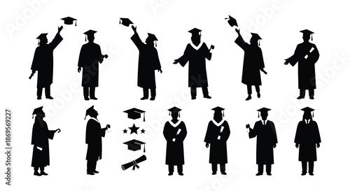 Celebration of achievement Silhouette figures tossing graduation caps in the air