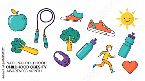 National Childhood Obesity Awareness Month Healthy Lifestyle Elements Collection.