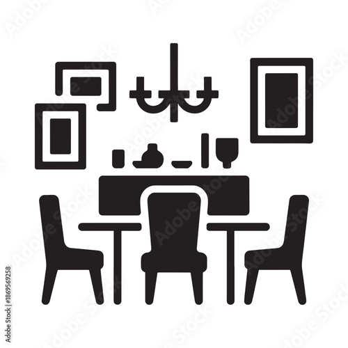 Simple black icon depicting a dining room setup with table and chairs