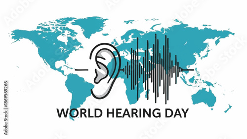 World Hearing Day illustration with ear and sound waves.