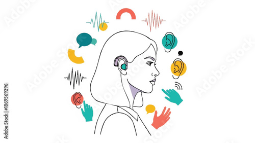 Woman with advanced hearing aid technology and sound waves.